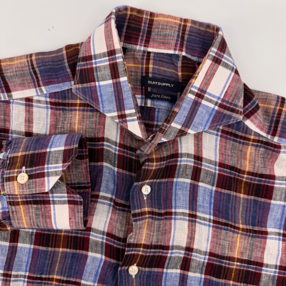 SuitSupply Button Down Mens 15.5 Blue Burgundy Plaid Pure Linen Cutaway Collar